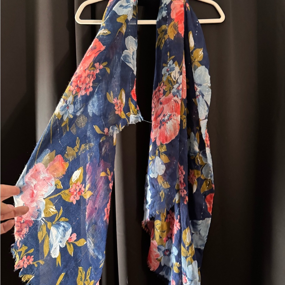 Floral Navy Lightweight Scarf with Silver Accents